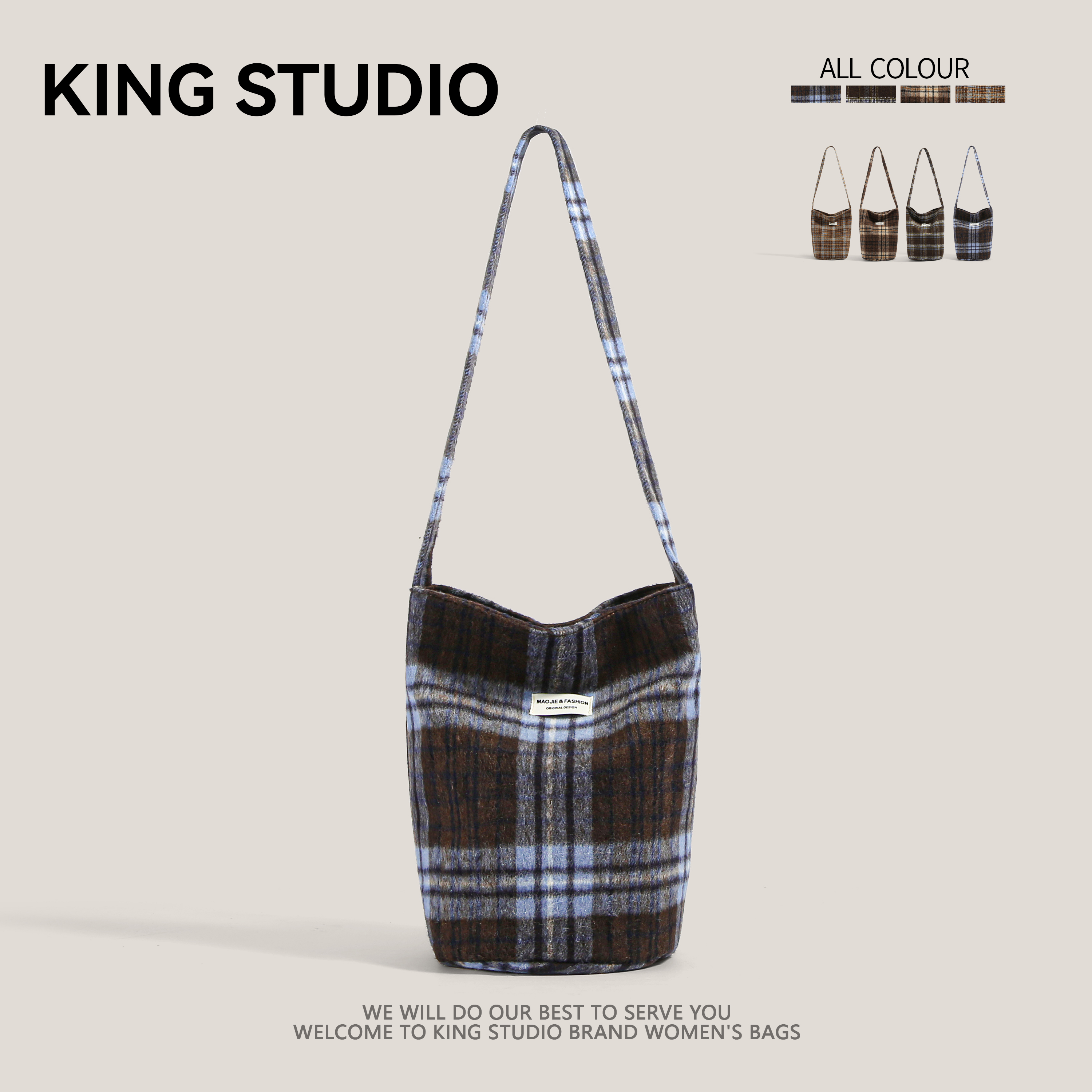 秋冬毛呢格子包包女学院风水桶包