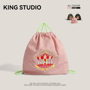 娜扎同款 chain刺绣粉色旋转木马环保袋帆布包双肩包 包包日系ball