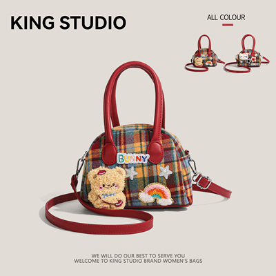 小众格纹手提包包女迷你保龄球包