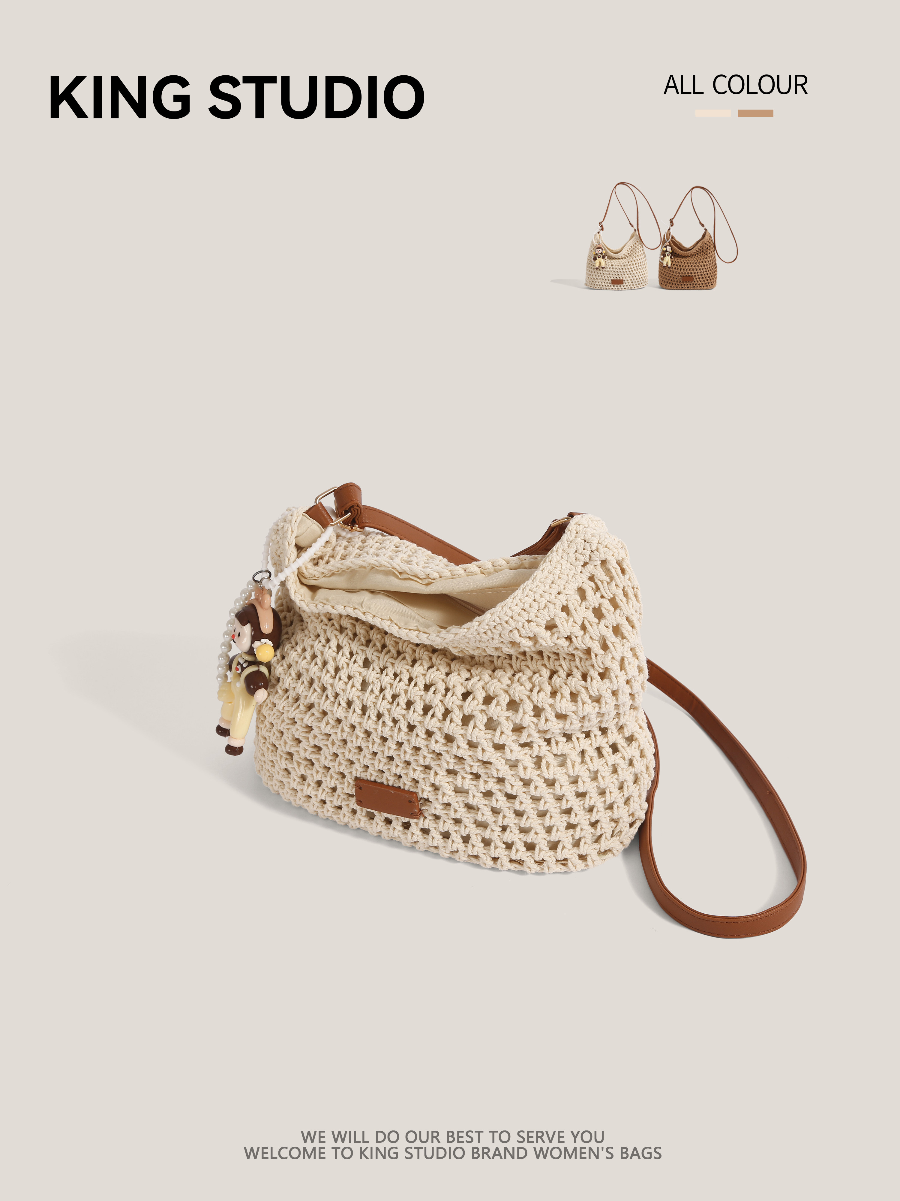 Women's Handmade Cotton Cord Woven Bag, Casual Shoulder Crossbody Beach Tote - Thumbnail 4