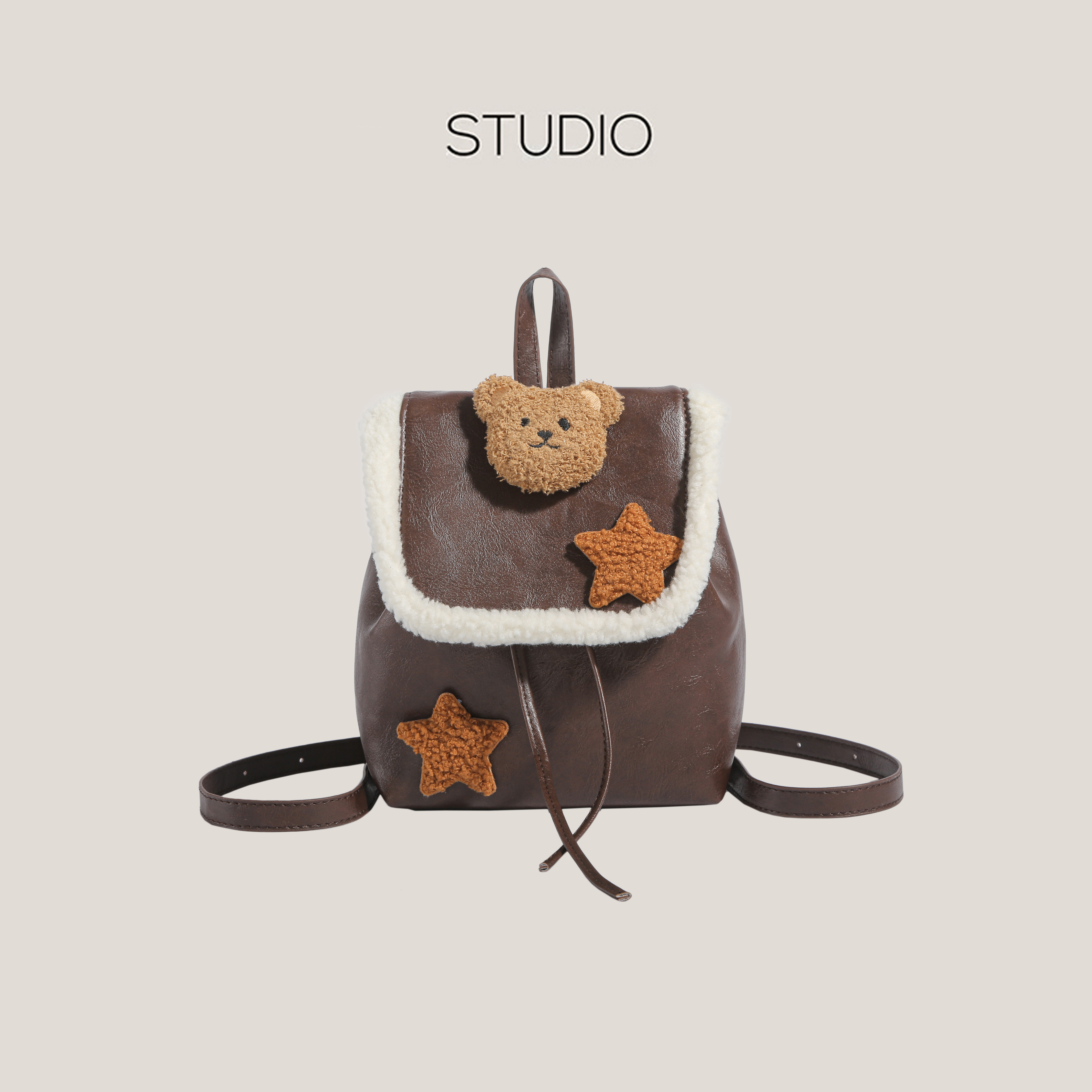 小众设计美拉德羊羔毛小熊双肩包