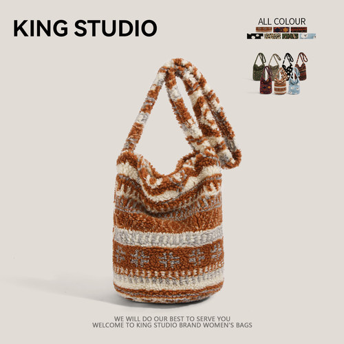 复古民族风毛绒包包女单肩水桶包