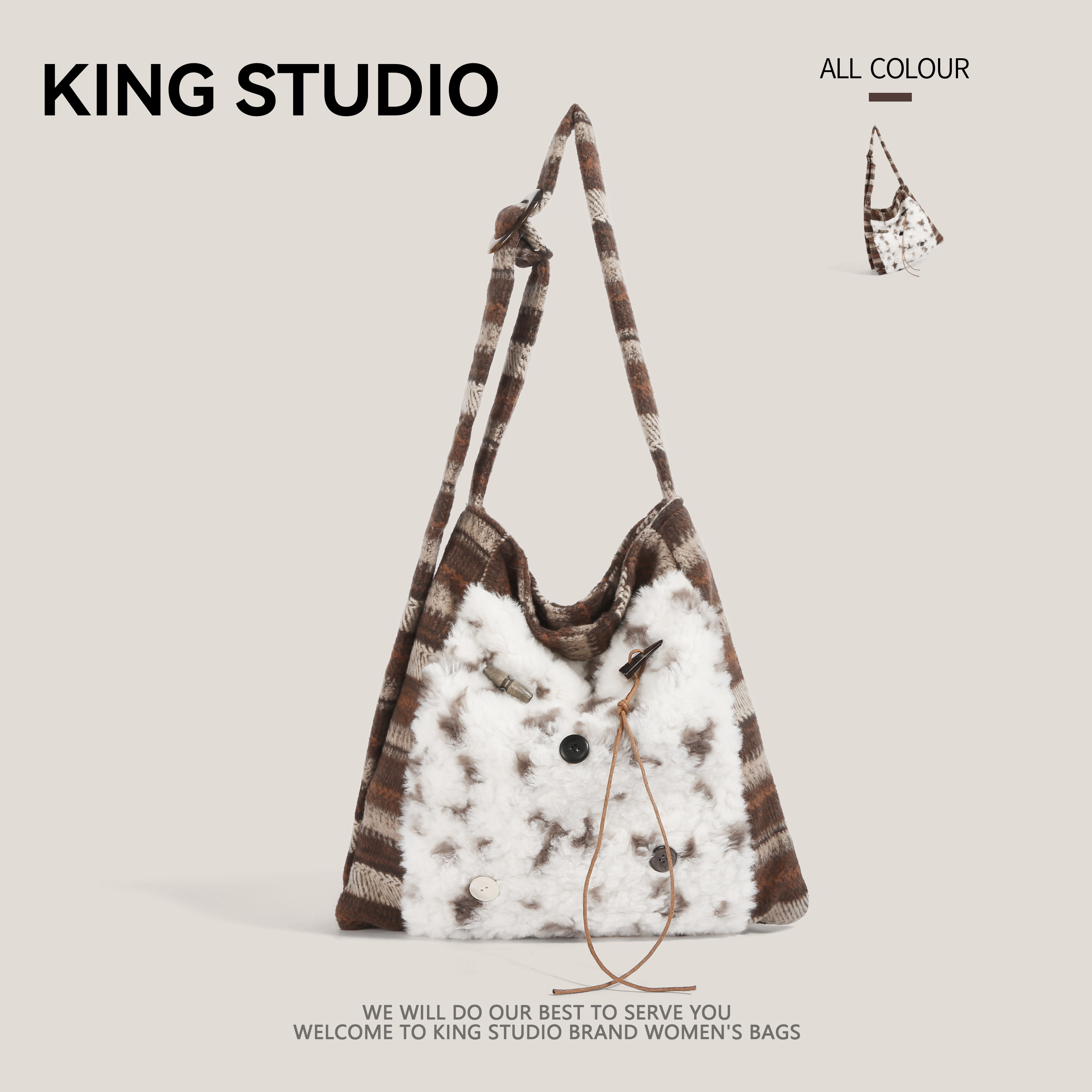 流浪公主大容量毛绒包包女2026新款潮复古拼接小众通勤单肩斜挎包,箱包皮具/热销女包/男包,通用款女包,淘宝优惠券,粉丝福利购,淘宝优惠卷