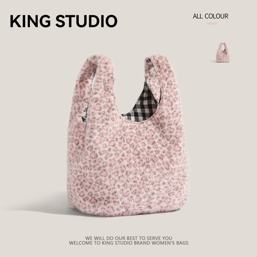 秋冬毛绒紫色豹纹手提包手拎小包