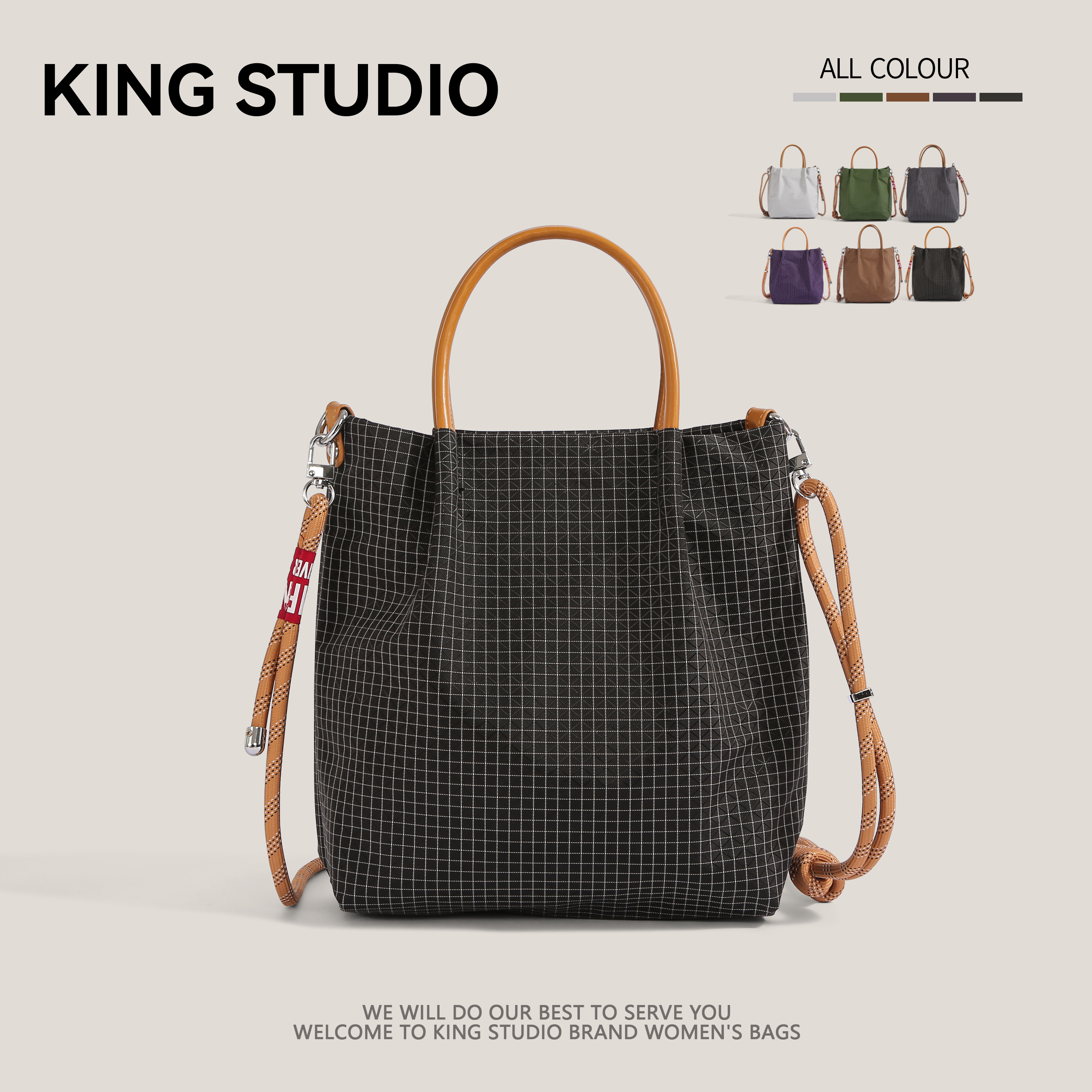 日系格纹防水尼龙单肩包女托特包