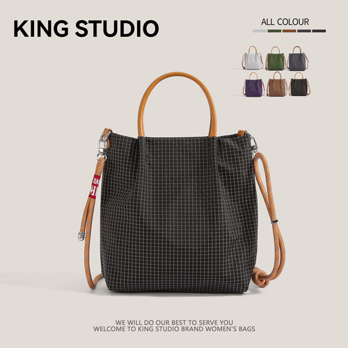 日系格纹防水尼龙单肩包女托特包