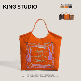 日系ball 购物袋大容量通勤包 chain刺绣流苏环保袋帆布包2025新款