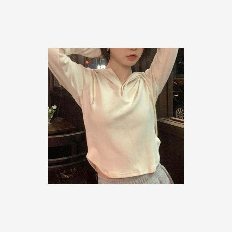 2024秋季长袖恤女不规则连帽领上衣中长款纯色简约百搭打底衫内搭