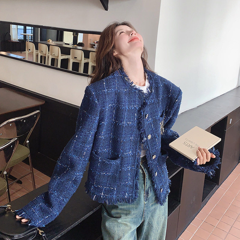 法式名媛蓝色小香风外套女秋冬短款2024新款韩系千金开衫上衣