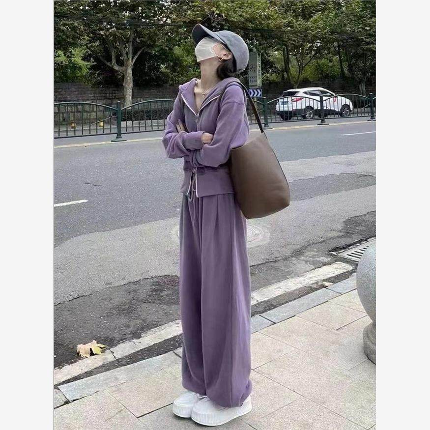 运动套装女2023秋季新款韩版宽松网红休闲卫衣拉链+阔腿裤两件套