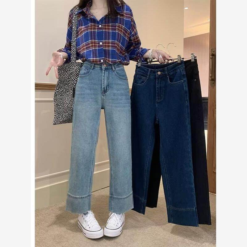 大码弹力九分牛仔裤女春秋季新款小个子宽松高腰显瘦直筒阔腿裤女