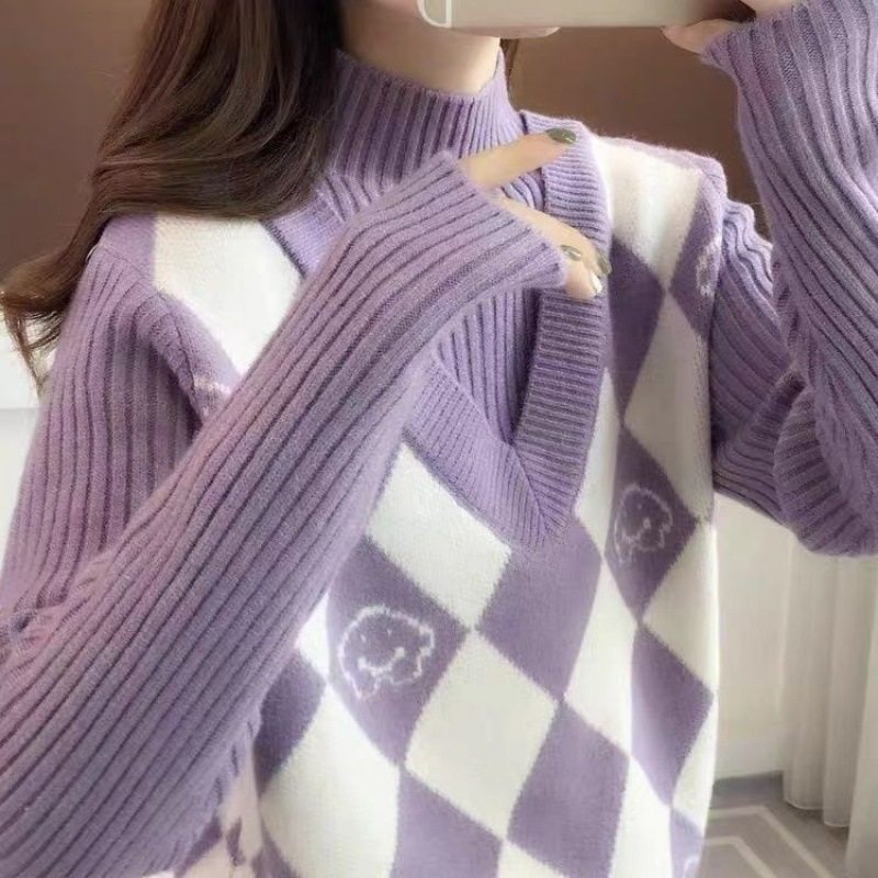 秋季假两件半高领高级感超好看毛衣女秋冬2024新款针织打底衫上衣