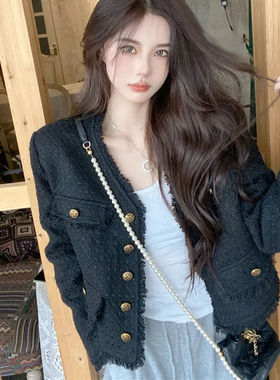 2023高档小香风外套女秋新款短款宽松V领复古流苏黑色长袖上衣