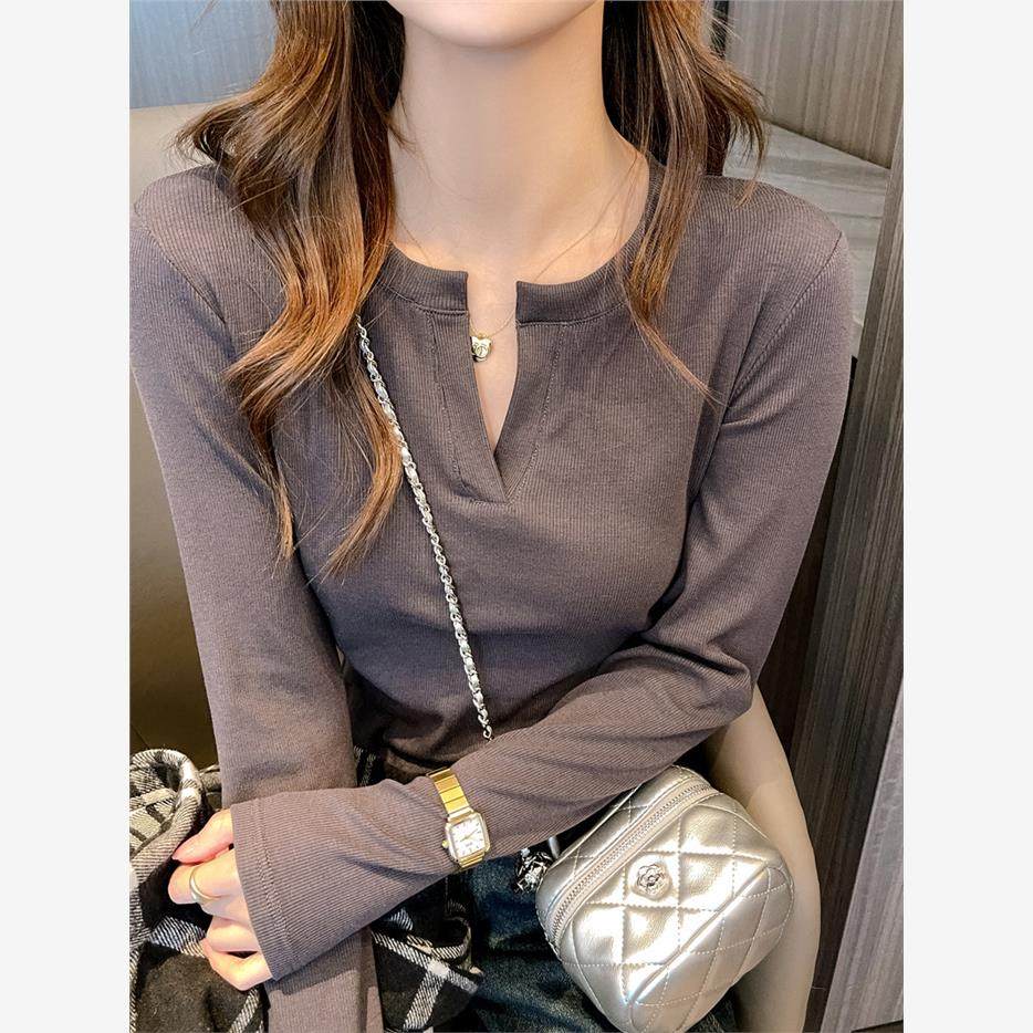 V领螺纹长袖上衣女可外穿早春秋季高级设计感内搭打底衫正肩Tt恤