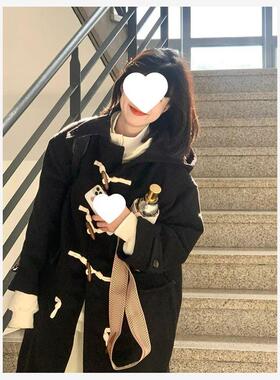 长款黑色牛角扣呢子大衣女毛呢外套秋冬季2024新款赫本风韩系气质