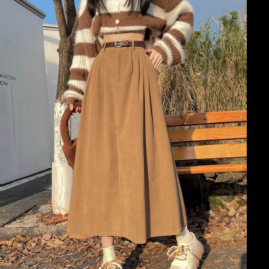 灯芯绒半身裙女2024秋季复古高腰显瘦中长款遮胯大摆A字裙,女装/女士精品,半身裙,淘宝优惠券,粉丝福利购,淘宝优惠卷