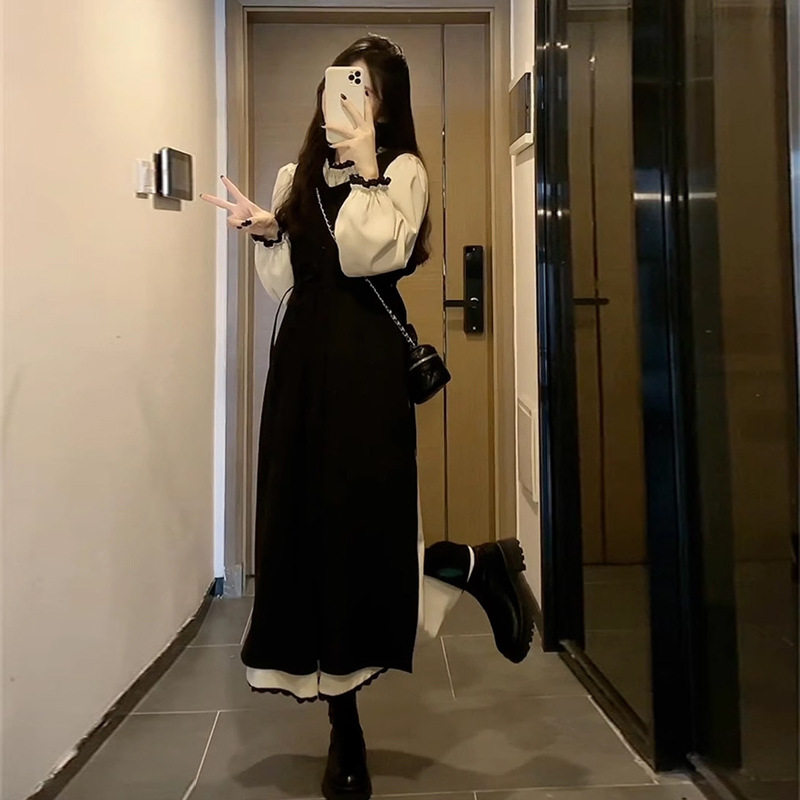 大码赫本风法式花边拼接裙子女春季胖mm显瘦小众复古设计感连衣裙