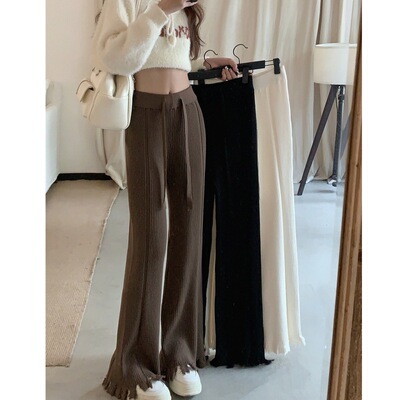 大码胖MM秋冬季加厚设计感高腰垂感显瘦休闲裤ins微喇拖地长裤