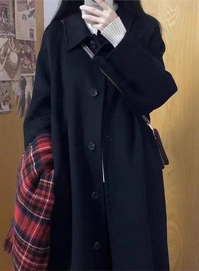 长款黑色呢子大衣女毛呢外套2024秋冬季新款韩系小个子高级感加厚