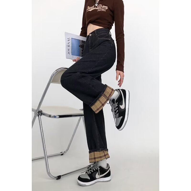 春秋2024新款港味复古牛仔裤女高腰百搭宽松显瘦卷边直筒阔腿长裤
