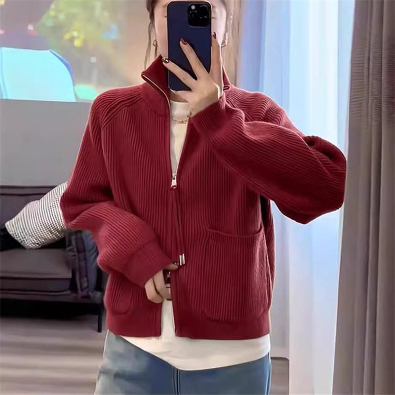 纯色立领双拉链针织开衫秋冬季新款宽松百搭慵懒风休闲毛衣女外套