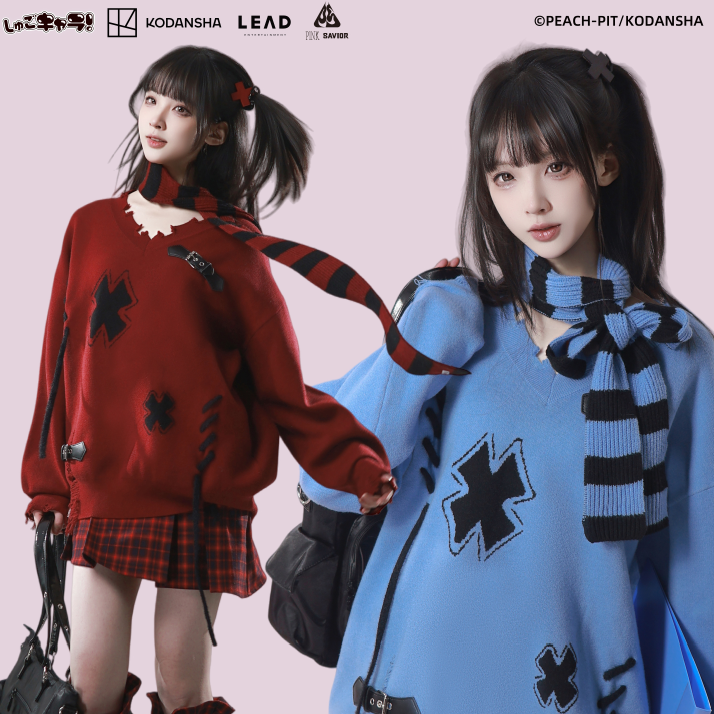 pinksaviorXshugo chara 十字手工显瘦柔软双色围巾毛衣皮扣装饰,女装/女士精品,毛衣,淘宝优惠券,粉丝福利购,淘宝优惠卷