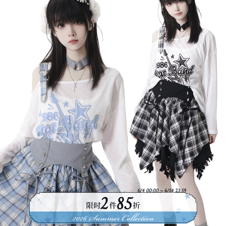 pinksavior【star band】夏日乐队印花格纹设计感分体腰封显瘦