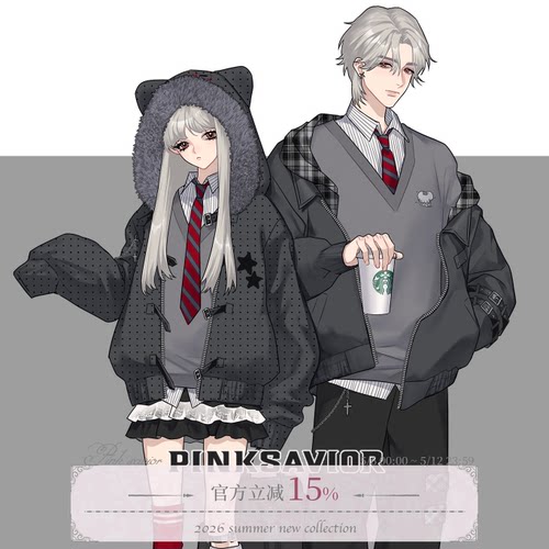 pinksavior朋克小鼠刺绣大毛领波点棉服外套黑灰设计感套装