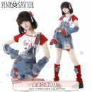 红白设计感俏皮 pinksavior 未知星系 美式 牛仔背带裤