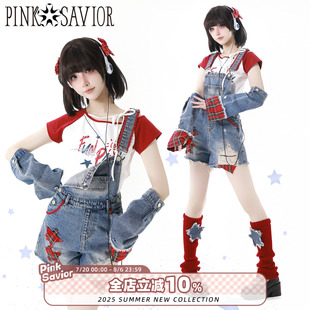 牛仔背帶褲 pinksavior 未知星系 美式 紅白設(shè)計感俏皮