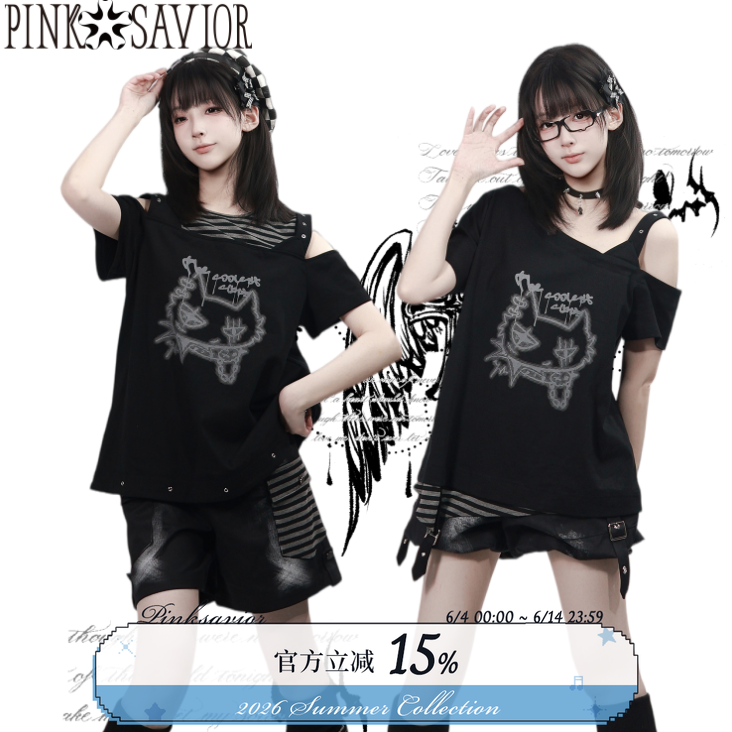 pinksavior【零度街区】黑灰摇滚少女设计感短袖短下装设计套装
