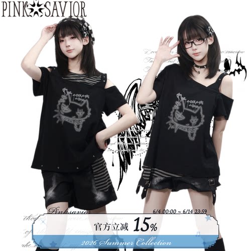 pinksavior【零度街区】黑灰摇滚少女设计感短袖短下装设计套装
