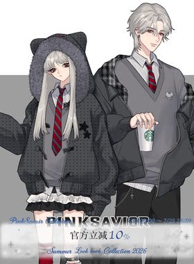 pinksavior朋克小鼠刺绣大毛领波点棉服外套黑灰设计感套装