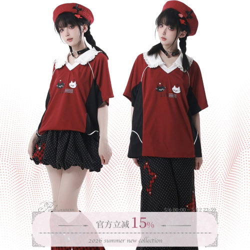 pinksavior【喵喵星】花边领夏日设计感清凉视觉显瘦球衣波点套装