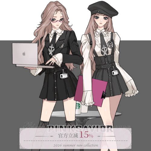 pinksavior【黑潮之海】黑灰学院收腰西服衬衫背带裙显瘦学姐套装