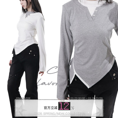 pinksavior【点点】掐腰设计假两件小狗立体扣修身显瘦长袖内搭