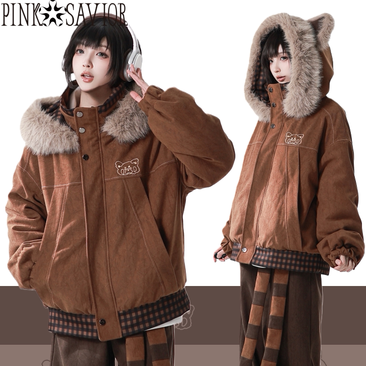 pinksavior【贝果脆脆】棕色洗皱条绒大毛领外套冬季小浣熊