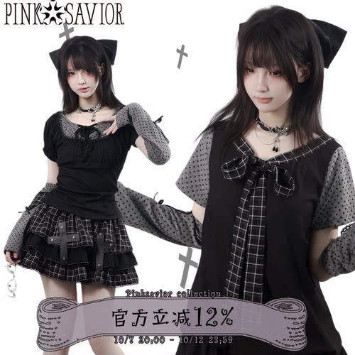 pinksavior【古早序章】早秋系带短袖波点连衣裙拼接格纹设计显瘦