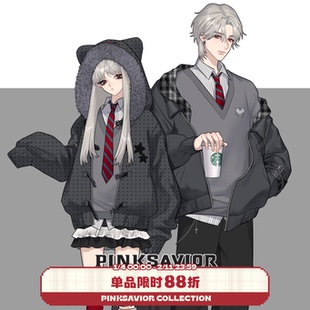 pinksavior朋克小鼠刺绣大毛领波点棉服外套黑灰设计感套装