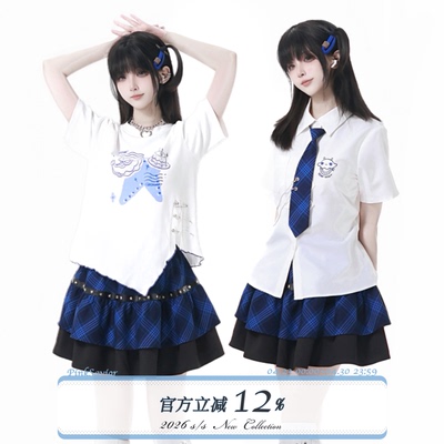 pinksavior【晚星】衬衫短袖夏日蓝黑撞色学妹套装减龄显瘦