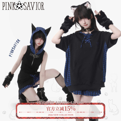 pinksavior【喵喵特攻夏款】蓝格拼接猫耳夏日绑带设计显瘦套装