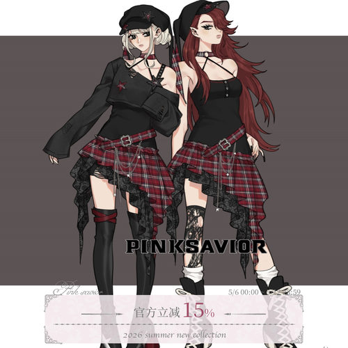 pinksavior【梦野】摇滚少女感设计挂脖格纹拼接连衣裙镂空套头衫