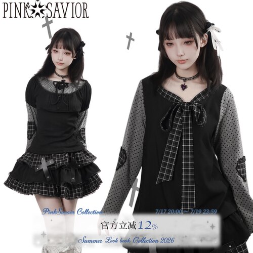 pinksavior【古早序章】系带长袖波点连衣裙拼接格纹设计显瘦