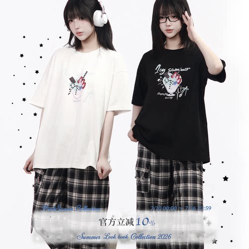 pinksavior【冰品小铺】夏日奥戴尔柔棉休闲黑白短袖插图印花女