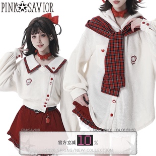 苹果针织红白格纹披肩秋冬短外套衬衫 设计 红果奶芙 pinksavior