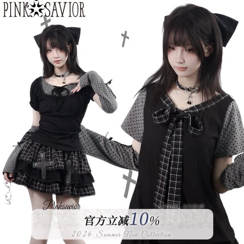 pinksavior【古早序章】系带短袖波点连衣裙拼接格纹设计显瘦