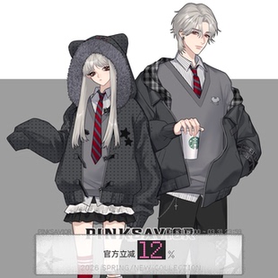 pinksavior朋克小鼠刺绣大毛领波点棉服外套黑灰设计感套装