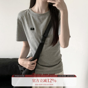 pinksavior掐腰夏日棉质显瘦遮肉灰白织标短袖