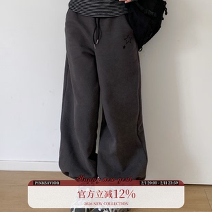 现货即发【小雪粒】摇粒绒冬季刺绣加绒保暖收脚口抽绳长裤