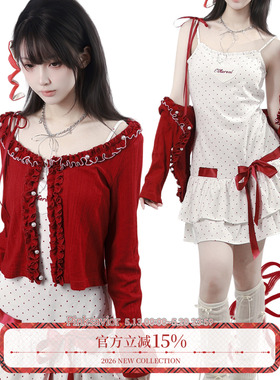 pinksavior【糖霜莓莓】美式红白撞色波点针织裙红色小开衫夏日
